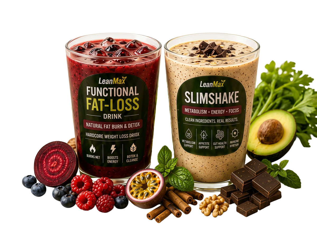 LeanMax Functional Fat-Loss Drink and SlimShake with fresh ingredients